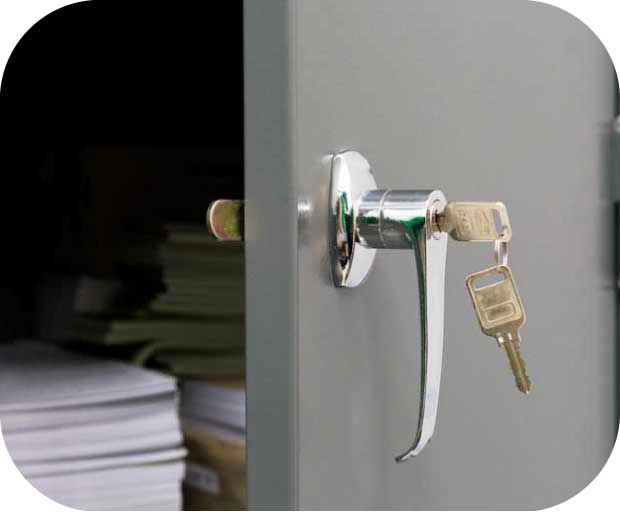 locking cabinet with door open and key in lock