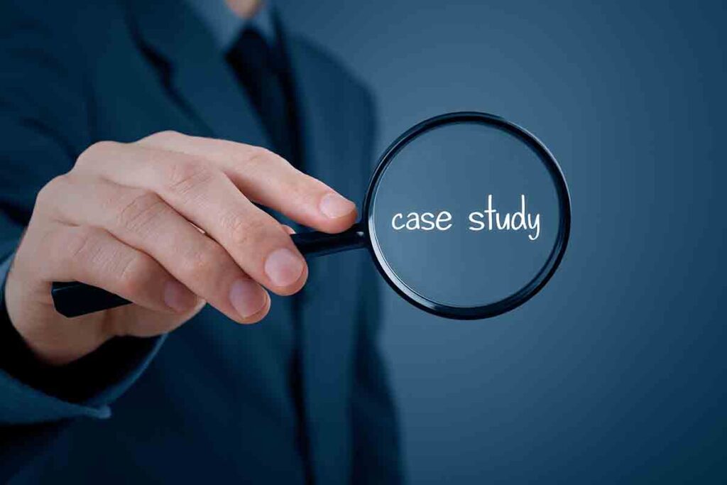 Businessman focused on case study. Businessman enlarge handwritten text case study.