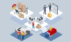 4PL Global logistics network isometric illustration. Isometric Logistics and Delivery concept. Delivery home and office. City logistics. Warehouse, truck, forklift, courier. On-time delivery .