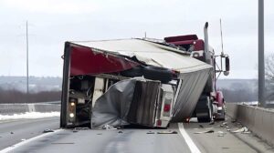 truck trailer laying on its side on road after accident