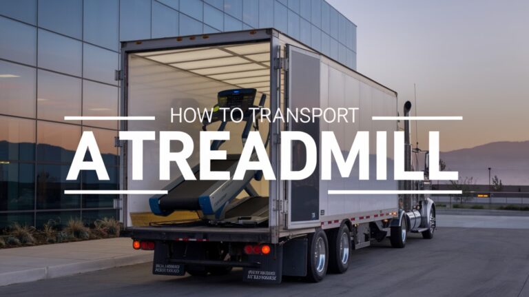 a truck loaded with a treadmill sitting in front of a corporate building