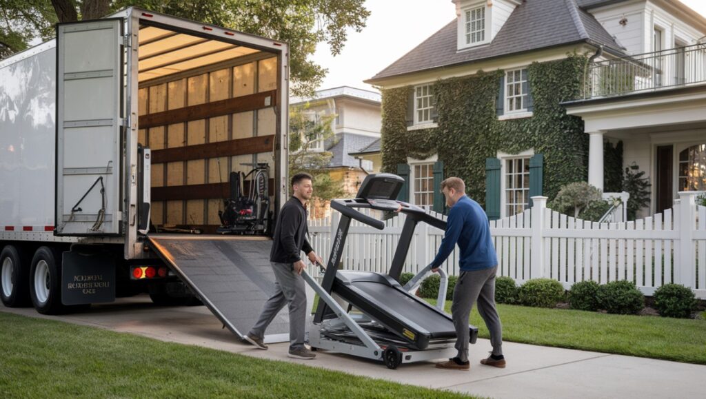 two men loading a treadmill into a truck