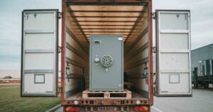 A safe in the back of a freight truck.