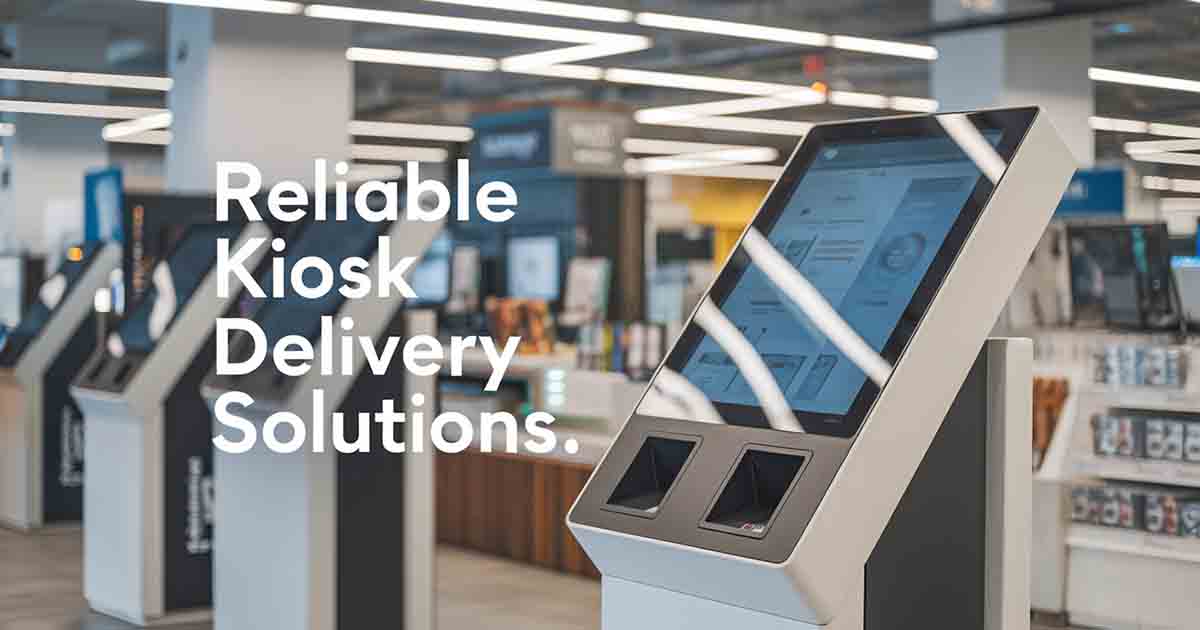 Image of in-store kiosk with text that says "reliable kiosk delivery solutions".